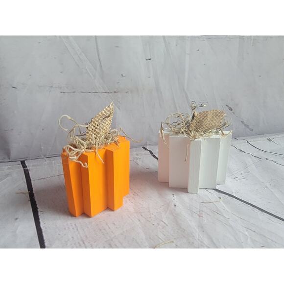 Rustic Wooden Handpaint Handmade Orange White Pumpkins Set Of 2 Fall Halloween - Picture 4 of 6